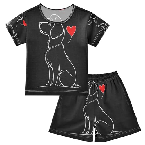 ALAZA Dachshund Dog Black Heart Pajamas Set Short Sleeve Cotton Sleepwear Summer Pjs 2 Piece 5-14Y