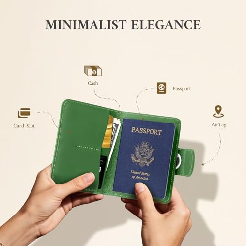 Image of ALLIVE Rfid Passport Holder for Travel Women, Rfid Passport Cover Wallet, Genuine Leather Passport Holder for Travel with AirTag Hidden, Airport Essentials, Travel Gifts (Avocado Green)