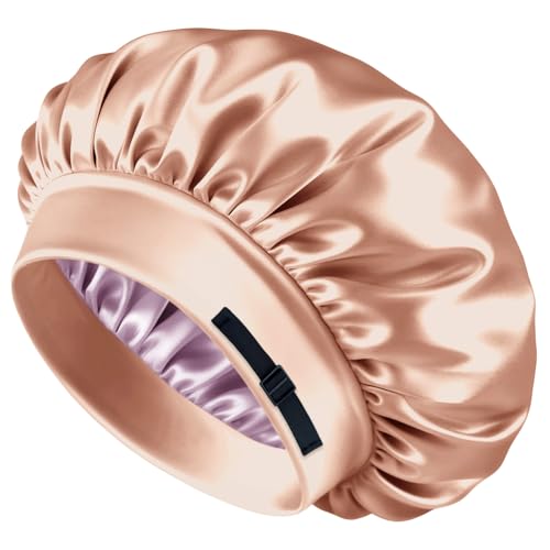 BONNET QUEEN Gorro de seda para mujer, de satén, ajustable, reversible, de doble capa, para dormir, para cabello rizado, Champán y gris oro rosa