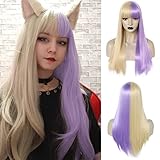ANOGOL Wig Cap+Half Blonde Wig Half Purple Wigs for Women Girls, Purple Blonde Wig with Bangs Long Straight Costume Cosplay Wig, Light Purple Wig Split Dye Wigs Purple Blonde Halloween Party Wigs