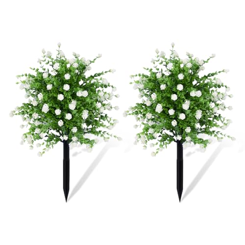 JOYWU Outdoor Artificial Flowers with Ground Spikes,2 Pcs Artificial Boxwood Topiary Ball Tree with Flowers for Cemetery Porch Garden Decor,UV Resistant Plastic Greenery Shrubs Plants,50cm (white)