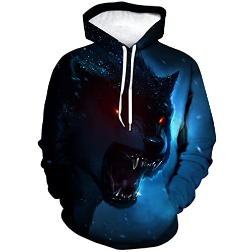 ARORALS Herren Wolf Hoodie Herbst Winter Langarm Pullover Tier Thema Sweatshirt Realistische Grafik Hoodie, Schwarz, Large