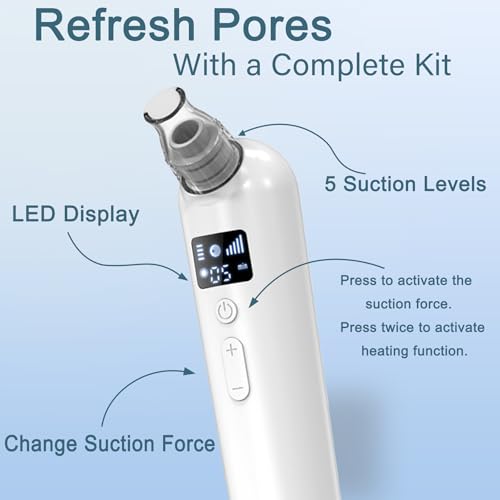 Vacuum Blackhead Remover Pore Cleaner with Heat & Red Light 5 Suction Levels Nose Pore Cleaner Rechargeable with LED Display, 6 Probes & Bonus Blemish Extractor Tools, Skincare Gift for Women — view 5