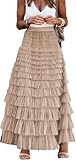 Faldas de Mujer Elegantes Tiered Maxi Skirt Tulle Maxi Skirts Long Tulle Skirt Women Layered Tiered Khaki Full Skirts for Women Mesh A Line Flared Elastic Waist Party Skit Long Skirt(Khaki,X-Large)