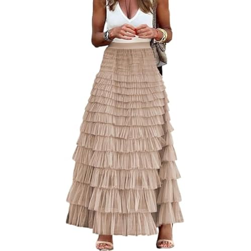 Comfy Stylish Women's Tiered Tulle Maxi Skirt - Sheer Mesh Aline Flared Elastic Waist Long Skirt - Party Wear X-Large Khaki