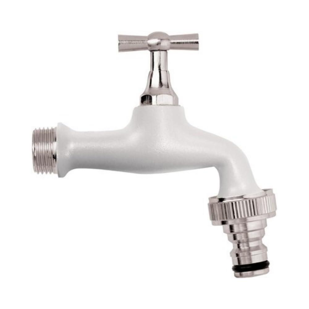 Schläfer 435120 | Robinet de jardin coloré 1/2" x 3/4" en laiton, avec porte-caoutchouc universel à greffage rapide, robinet d'extérieur pour fontaines, couleur blanche