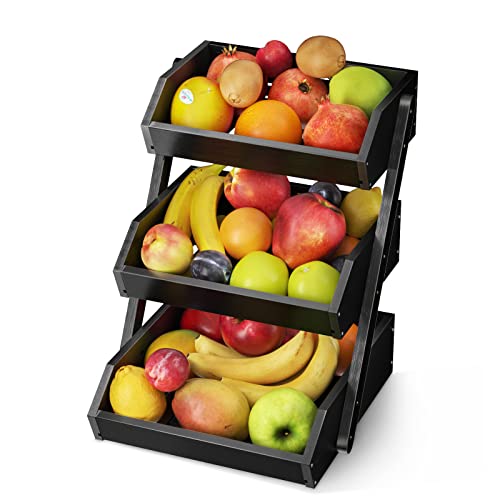 Image of G.a HOMEFAVOR Large Bamboo 3 Tier Fruit Basket Bowl for Kitchen Counter, Vegetable and Snack Storage Holder Stand (BLACK)