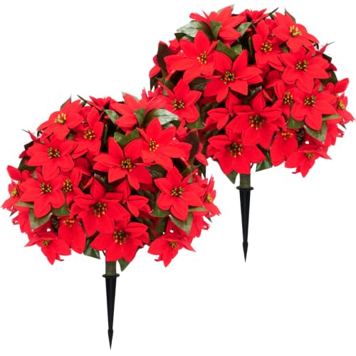 Image of 26 inch Artificial Poinsettia Topiary Ball Tree 2-Pack, UV Resistant Outdoor