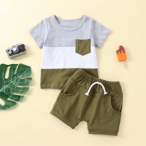 Newborn Baby Boy Summer Clothes Short Sleeve Color Block Front Pocket T-Shirt Top Shorts 2Pcs Casual Outfit (0-6 Months,Grey White Green) #TOP1
