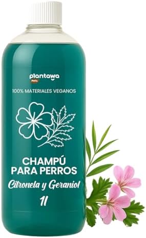 PLANTAWA Champú para Perros Citronela y Geraniol 1L | Cuidado del Pelo y la Piel Sensible | pH Neutro Hidratante Natural | Apto Todas Las Razas | Uso Frecuente | Fórmula Vegana