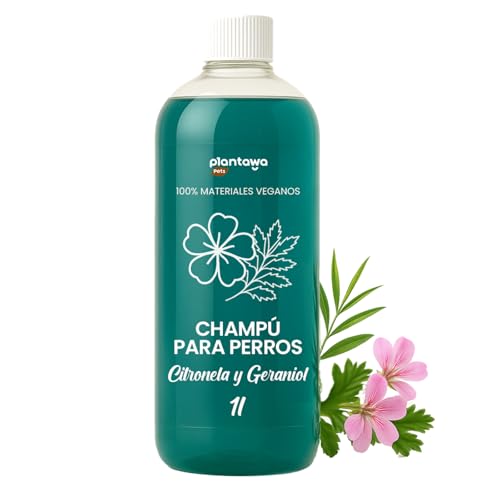 PLANTAWA Champú para Perros Citronela y Geraniol 1L | Cuidado del Pelo y la Piel Sensible | pH Neutro Hidratante Natural | Apto Todas Las Razas | Uso Frecuente | Fórmula Vegana