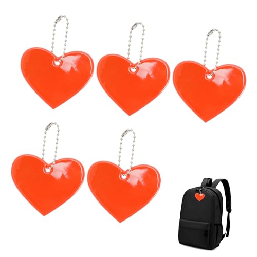 RENEWREVITAL 反射 キーホルダー リフレクター キーリング ハート型 反射板 交通安全 安全グッズ 通学 通勤 散歩 夜間 事故防止 オレンジレッド 5個入り 使用便利 多用途