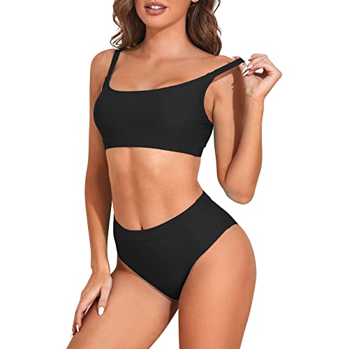 Zando High Waisted Bikini Set for Women Teen Girl Cute Sports Color Block Swimsuit 2 Piece High Cut Bathing Suit