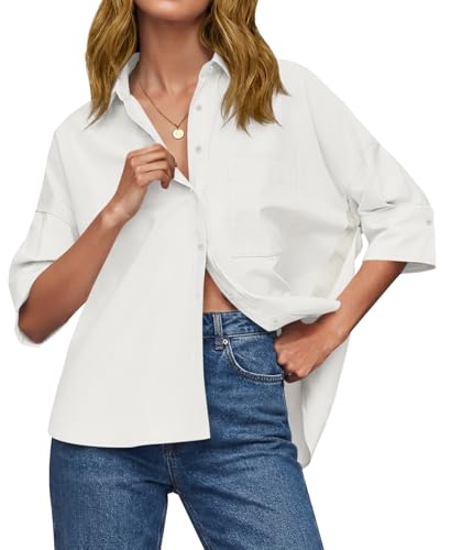 Cicy Bell Womens Summer Oversized Button Down Shirts Half Sleeve V Neck Business Casual High Low Tops Loose Fit Blouses White