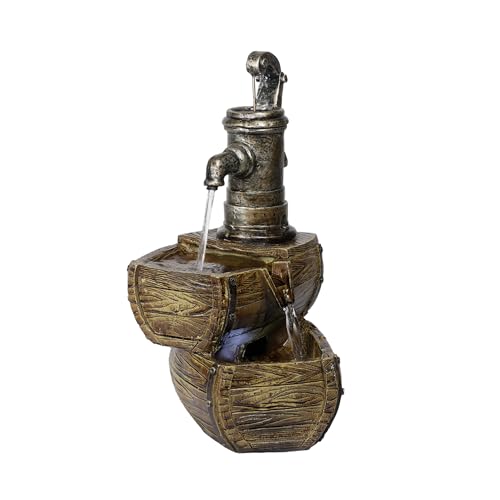 Alpine Corporation WIN826 14” Vintage Water Pump Tabletop Fountain with 2-Tiered Barrel Design & LED Lights – Decorative Indoor Water Feature for Home & Office, Brown