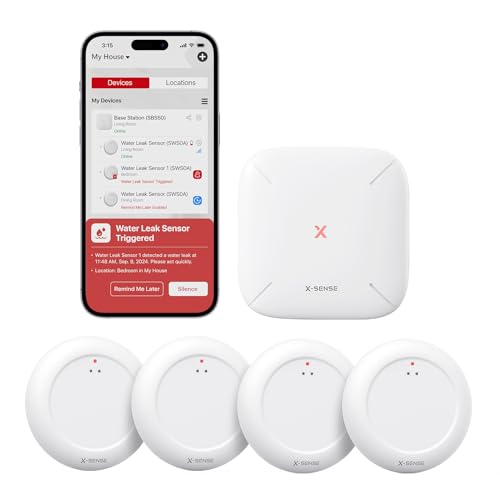 X-Sense Wi-Fi Water Leak Detector Kit, Smart Water Sensor Alarm with App Alerts and Ultra-Slim Design, Water Alarm Leak Detector for Basements, 4 Water Sensors and 1 Base Station, Model SWS0