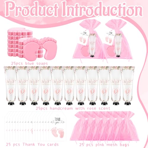 25 sets baby shower favors for guests hand cream baby feet scented soap party favors pink baby shower guests gifts with organza bags and thanks tags for baby shower wedding party