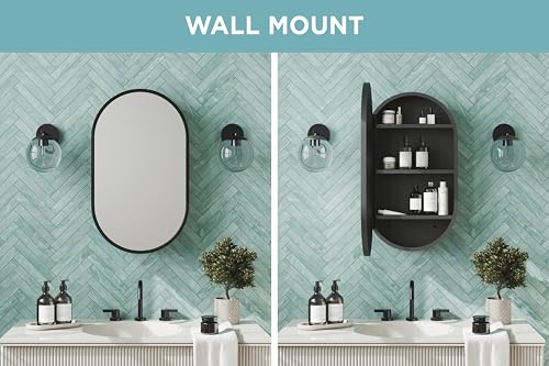 Zenna Home Bathroom Medicine Cabinet with Mirror, Oval Bathroom Wall Cabinet with Rustproof Aluminum Frame, 3 Shelves, Surface Wall Mount Installation, 16 x 27 Inches, Matte Black by Zenna Home - Image 2