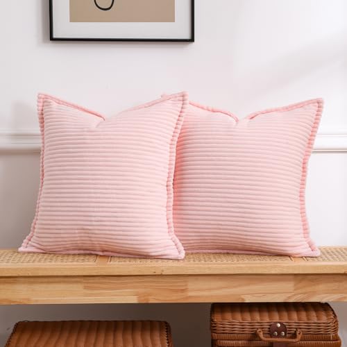 Valentines Day Decorations Corduroy Pink Throw Pillow Covers Set of 2 Striped Boho Decorative with Edge Design,Super Soft Throw Pillow Cushion Covers for Couch Sofa Living Room Solid Square 18×18inch