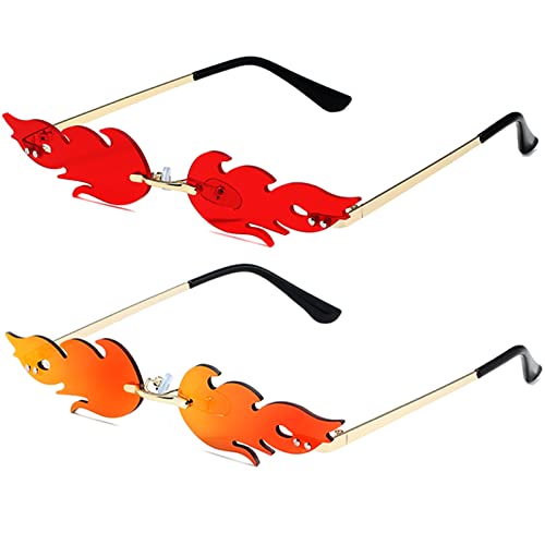 Fire Flame Sunglasses for Women Men Retro Narrow Fire Shaped Rimless Flame Shades Halloween Party Red Glasses