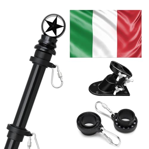TALITARE 180cm Kit de Asta de Bandera de Aluminio Negro con Kit de Soporte de Asta de Bandera de Acero Inoxidable con Anillos Giratorios con Copa de Pentagrama Incluye Bandera Italiano
