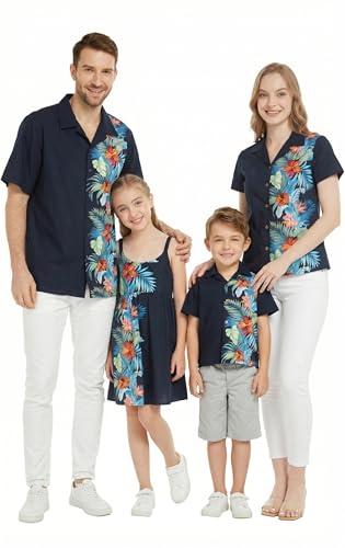 Image of Matchable Family Hawaiian Luau Men Women Girl Boy Clothes in Orchid Paradise Navy