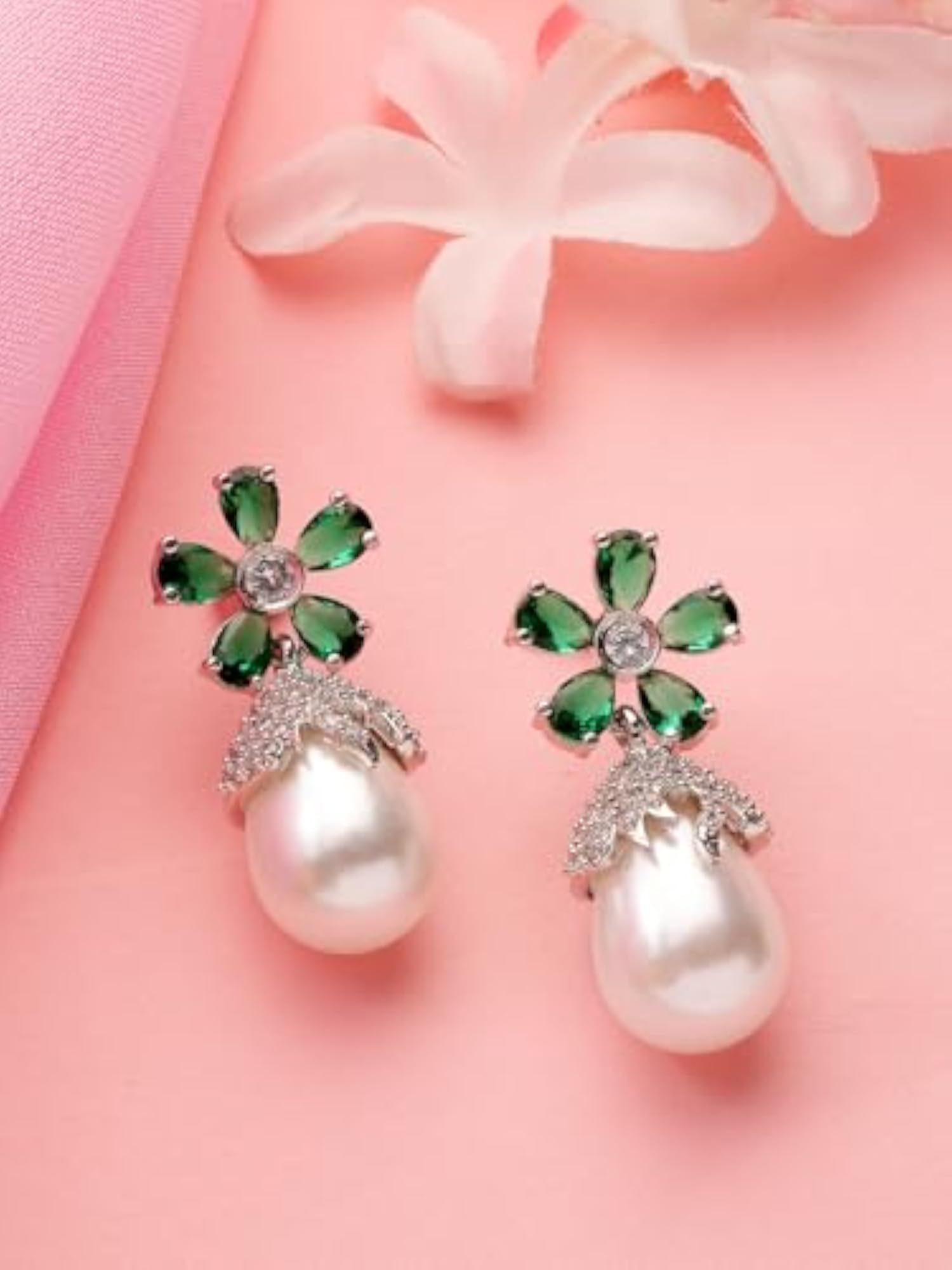 Women's Silver-Plated Floral AD Stone Handcrafted Drop Earrings