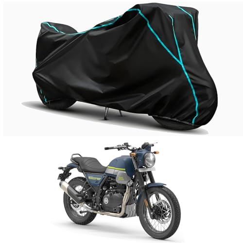 Image of Waterproof Bike Body Cover Compatible for | Royal Enfie Scram 411 Blazing | Taffeta Fabric, Sky Piping Design, Bottom Elastic Fit | Dustproof, Sun UV & Rain Protection for All Weather.