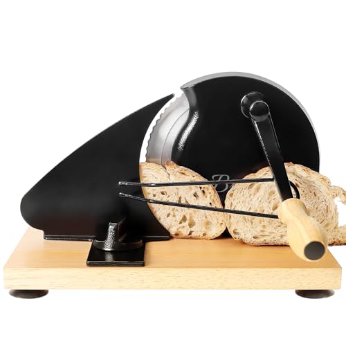 Brvclon Manual Bread Slicer for Homemade Sourdough,Adjustable Thickness,Hand Crank Bread Slicer with Stainless Steel Blade, Aluminum Alloy Frame & Solid Wood Base with Natural Wood Veneer Finish