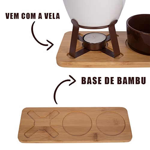 Conjunto Fondue em Cerâmica Redondo 10 Peças Com Base em Bambu 300ml Chocolate Queijo - 3 Velas