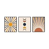 HAUS AND HUES Mid Century Modern Wall Art Boho Wall Decor - Set of 3 Sun Art Print Boho Wall Prints Mid Century Decor | Mid Century Modern Posters and Prints Moon Wall Art | Unframed 8x10