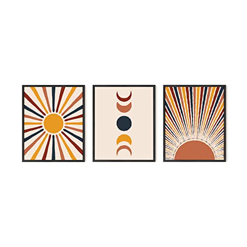 HAUS AND HUES Mid Century Modern Wall Art Boho Wall Decor - Set of 3 Sun Art Print Boho Wall Prints Mid Century Decor | Mid Century Modern Posters and Prints Moon Wall Art | Unframed 8x10