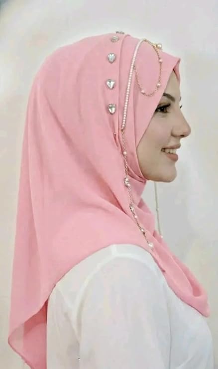 Womens Chiffon Hijab with Elegant Pearl Chain Work Lightweight Breathable Scarf for Girls and Women