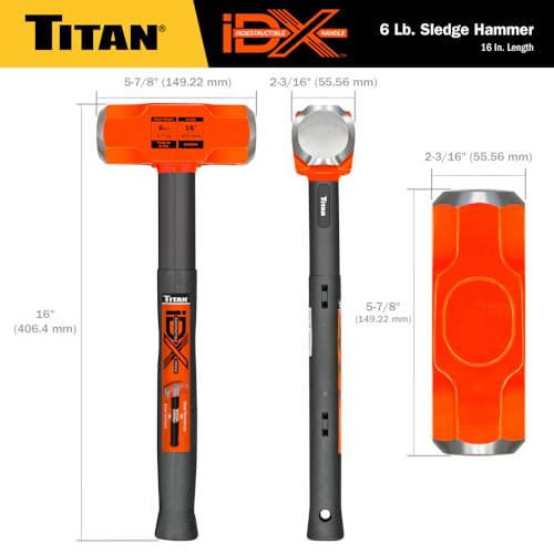 Image of Titan iDX 63616 6lb Sledge Hammer with 16 inch Indestructible Handle Reinforced with Steel Locking Plates & Steel Bars, Vulcanized Rubber Grip, Overstrike Protection
