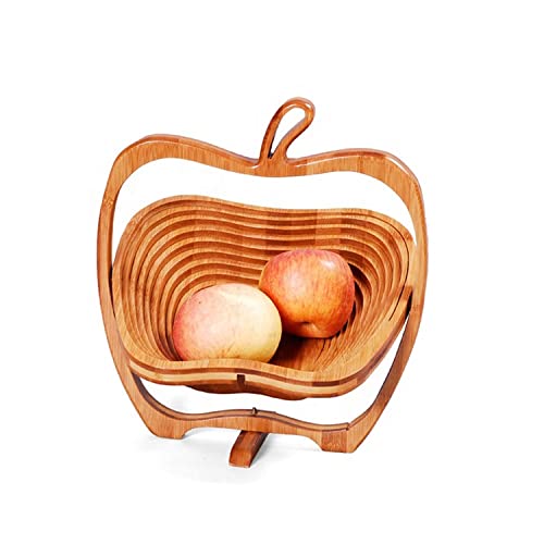 electromaxFoldable Apple Shaped Basket: 30 x 27 x 22.5 cm Folding Bamboo Fruit Bowl Holder Basket And Cutting Board Bamboo Wood Fruit Bowl With An Apple Design, Natural bamboo Brown