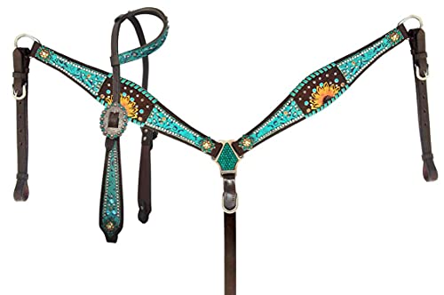 Showman Leather Headstall Breast Collar Set w Teal Filigree Inlay & Sunflowers, Average Full Size Horse
