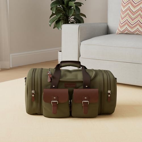Image of Wildroad 50L Travel Duffel Bag, Expandable Canvas Genuine Leather Duffle Bag Upgraded Overnight Weekender Carry on Bag