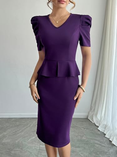Image of Mokayee Womens Summer Puff Sleeve V Neck Peplum Church Business Work Pencil Dresses