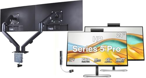 Image of HP Series 5 Pro 24 inch FHD IPS Monitor with 5ms Response Time, Anti-Glare, Flicker Free, 350 nits Brightness, VESA Mount(100mm), Displayport, HDMI, Black /Silver 2Pack w /DKZ Hub & ErgoFlexy Dual Mount Arm