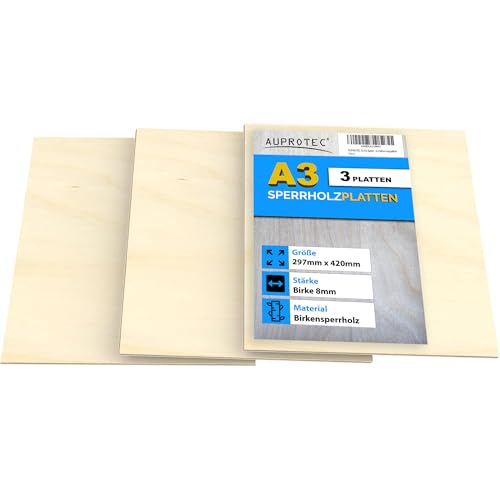 AUPROTEC 3x A3 Sperrholz-Platten Birke 8mm Multiplexplatten (297 mm x 420 mm) Bastel- und Laubsäge-Holzplatten Birke Massiv Multiplex Holz Industriequalität