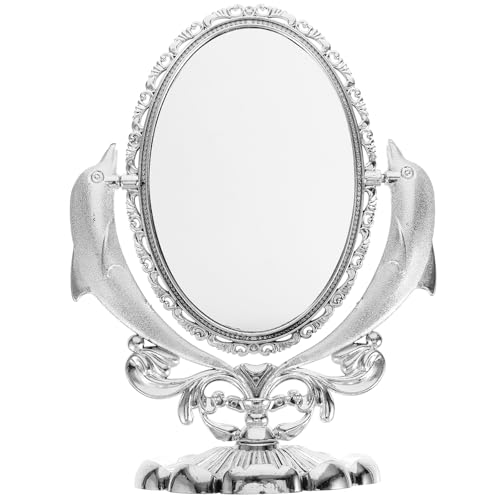 Miroir cosmétique double face pivotant de table avec socle stable design dauphin argenté