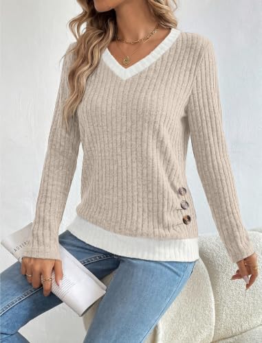 Sampeel Long Sleeve Shirts for Women V Neck Color Block Tops Apricot S - image 4