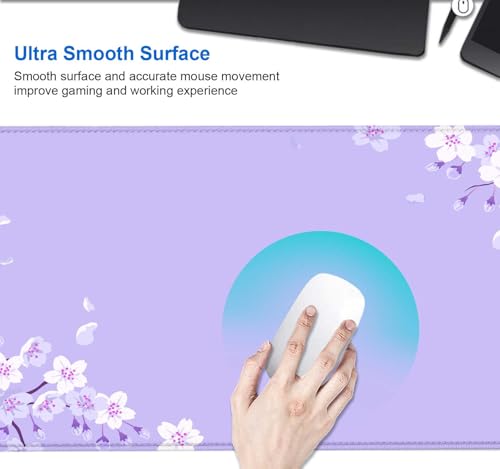 Image of IMAYONDIA Sakura Japanese Desk Mat, Cherry Blossom Large Gaming Mouse Pad, Elegant Floral Mousepad for Women, Purple Flowers Aesthetic Desk Pad for Work Decor, Game, Office, 31.5x11.8