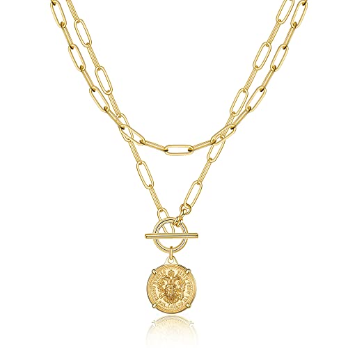 Gold Layered Necklaces for Women, 14K Gold Plated Vintage Evil Eye Queen Elizabeth Bee Sun and Moon Medallion Necklace Retro Choker Chain Link Necklace Gold Layered Necklaces for Women Jewelry