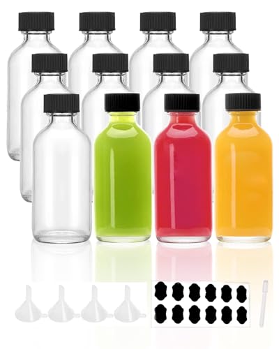 YBCPACK 12 Stück Shot Flaschen zum Befüllen 60ml Shotgläser mit Deckel mit Trichter, Etiketten und Stift, Kleine Glasflaschen für Ingwershots, Detox Drinks & Spirituosen | Spülmaschinenfest