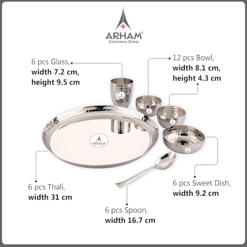 Image of Arham Stainless Steel Dinner Set | 6 Pcs (1 Set) | Premium Heavy Weight Hammered Dinner Set for Gift | 6Pcs Regular Size (1 Plate, 1 Halwa Plate,2 Bowl /Wati, 1 Glass, 1 Spoon) | Premium DinnerWare