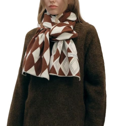 MININAI Fashion Argyle Pattern Scarves for Women Fall Winter Plaid Knit Scarf Soft Cold Weather Warm Y2k Accessories (Brown)