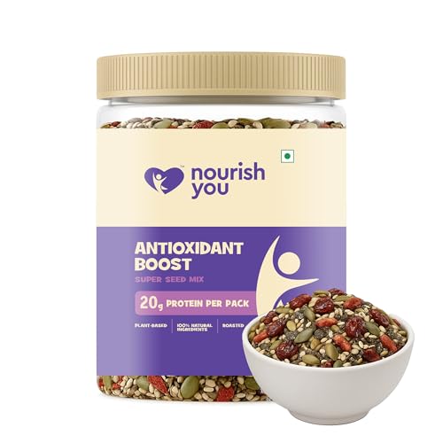 Image of Nourish You Antioxidant Boost Trail Nuts & Super Seed Mix 300g Jar| Mixed seeds for eating| No Artificial Flavours & Preservatives| seeds combo Mix of Sunflower, Chia, Flax , Seasame , Pumpkin Seeds , Cranberries & Gojiberries