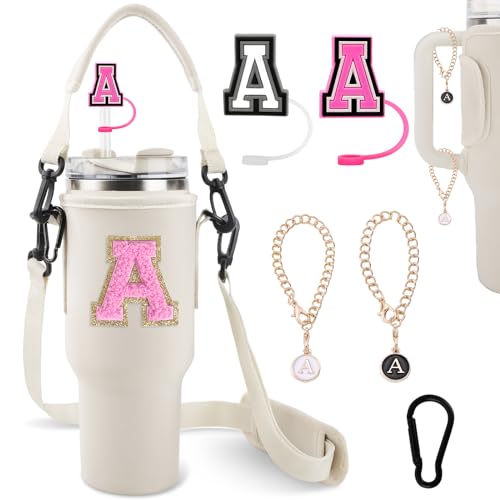 Initial A-Z Water Bottle Carrier Bag with Strap for Stanley 40oz Tumbler with 2 Letter Stanley Straw Topper Covers & 2 Letter Charm,Personalized Water Bottle Holder for Stanley Cup Accessories,Beige-A