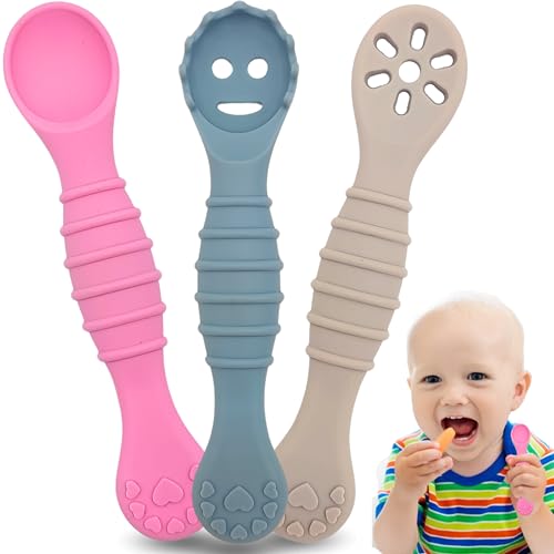 Vexalia 3 Piezas de Cucharas Para Bebé Resistentes con Forma Ergonómica, Precucharas de Silicona Sin BPA, Cuchara de Aprendizaje Para Bebé BLW, Cubiertos de Autoalimentación Baby Led Weaning